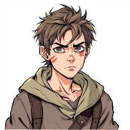 A young male criminal, depicted in a Dungeons and Dragons style illustration, showing signs of being a little roughed up