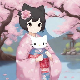 A high-quality digital art depiction of a charming, dark-haired Hello Kitty, adorned in a cherry blossom kimono