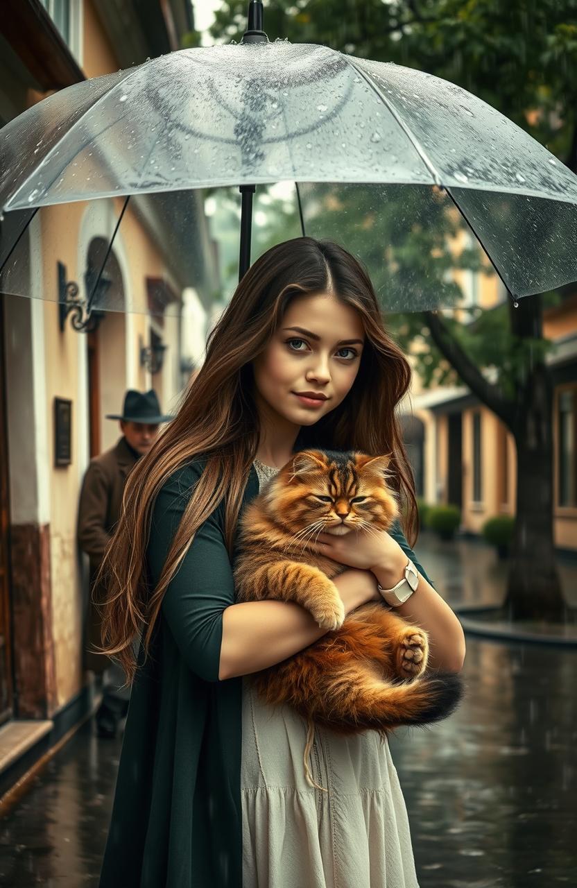 A young woman with long, flowing hair holding an umbrella, standing in the rain with her fluffy cat in her arms