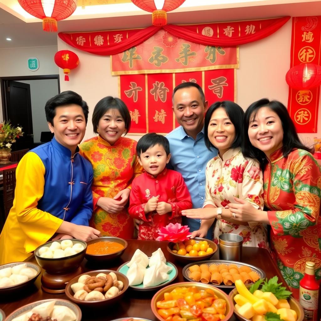 A vibrant family gathering during the Lunar New Year celebration (Imlek), featuring a joyful family of five dressed in colorful traditional Chinese attire