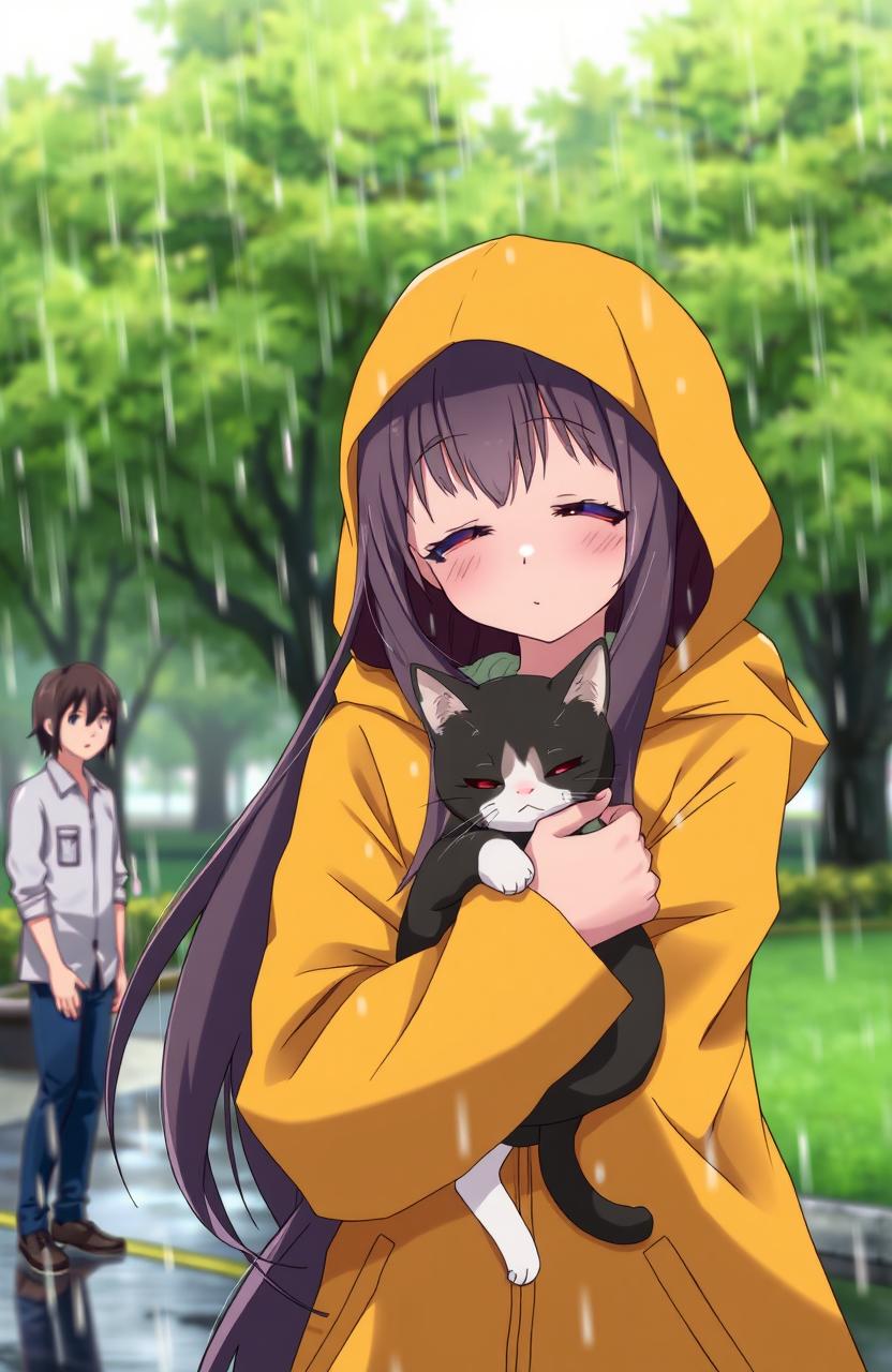 An anime-style scene featuring a girl holding her cat in the rain, droplets falling around them creating a whimsical atmosphere