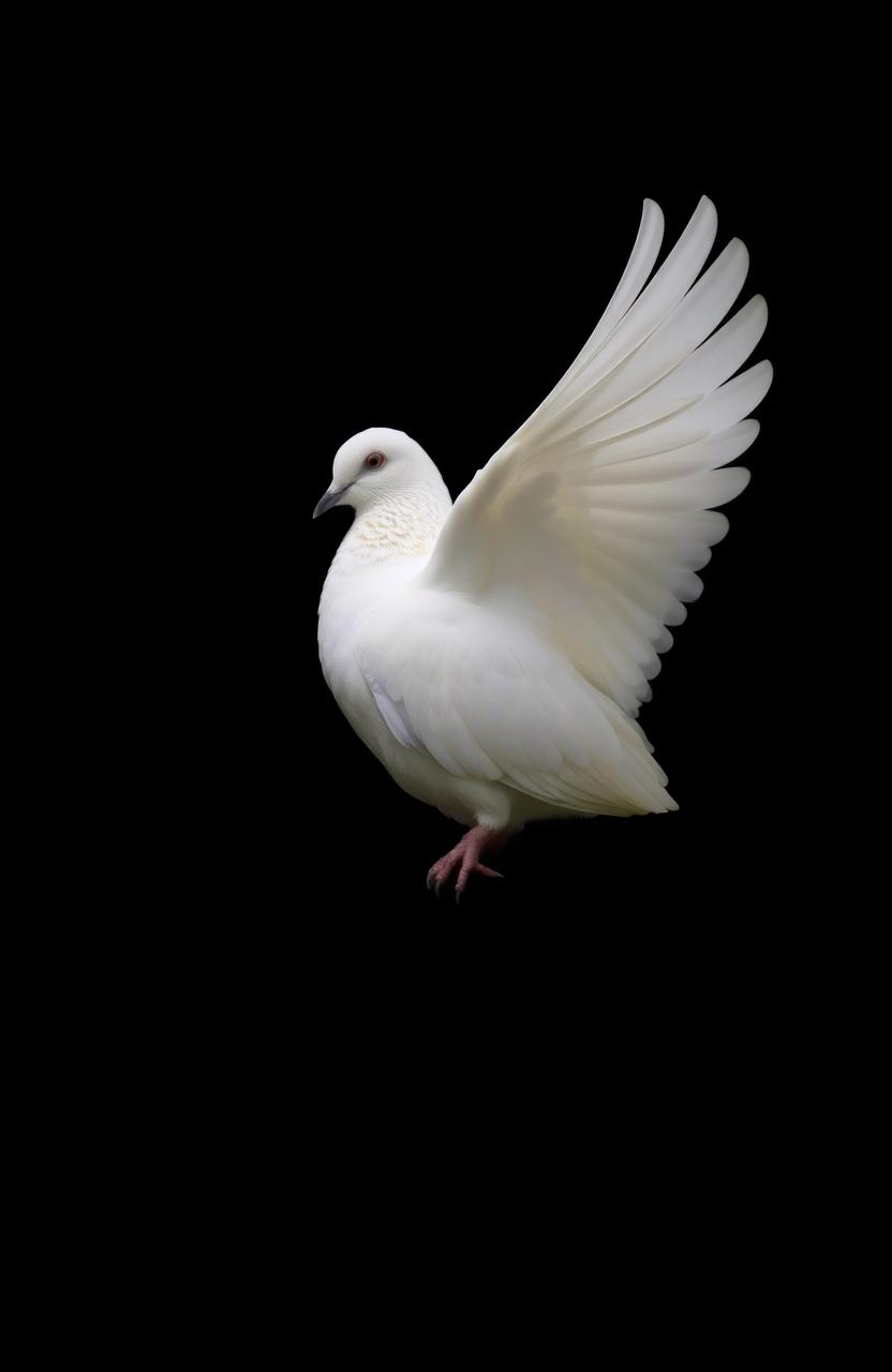 A stunning white dove gracefully perched amidst an expansive backdrop of pitch black darkness