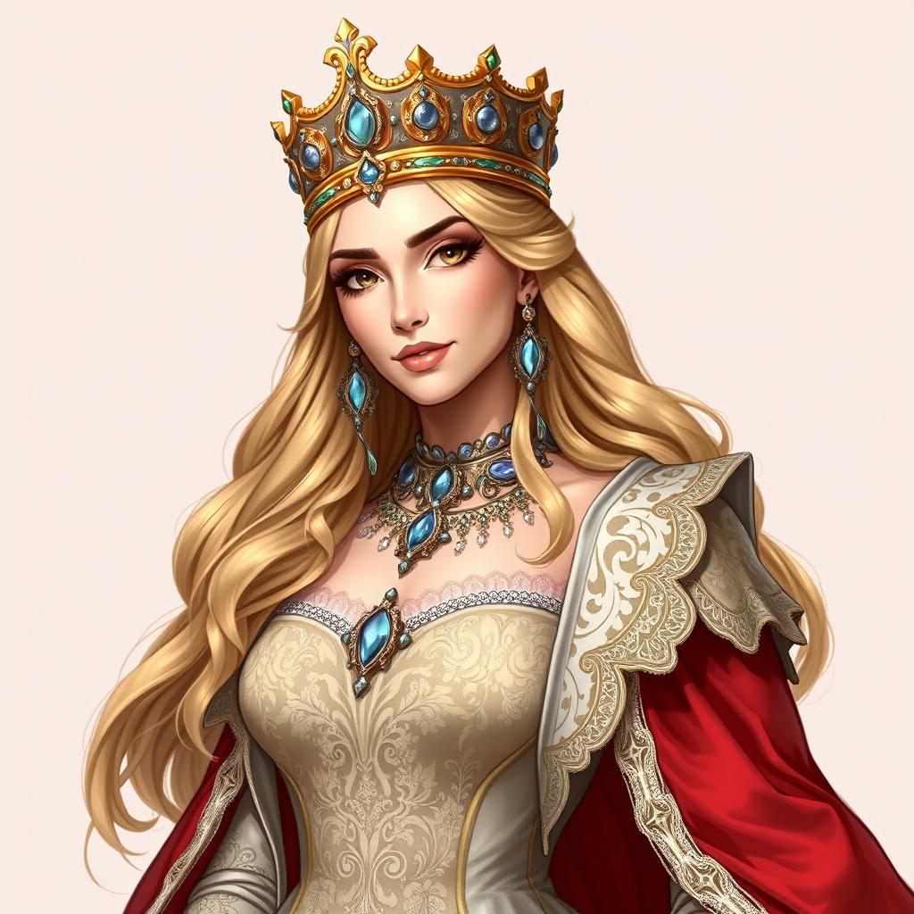 A noble and beautiful queen, depicted in a Dungeons and Dragons style illustration, exuding elegance and grace