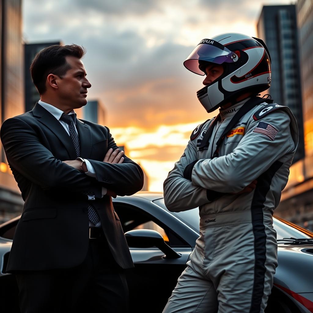 A dramatic confrontation scene between two brothers, one dressed in a sharp business suit representing a corporate executive, and the other wearing a racing suit complete with a helmet, symbolizing a race car driver