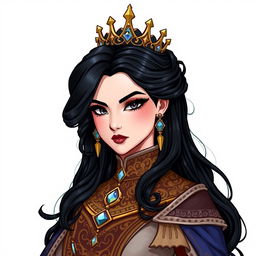 A noble and beautiful queen, depicted in a Dungeons and Dragons style illustration, characterized by her raven-black hair and dark, piercing eyes that exude confidence and allure