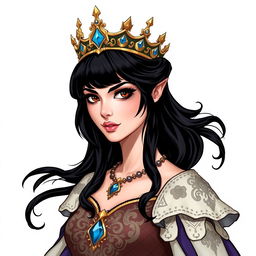 A noble and beautiful queen, depicted in a Dungeons and Dragons style illustration, characterized by her raven-black hair and dark, piercing eyes that exude confidence and allure