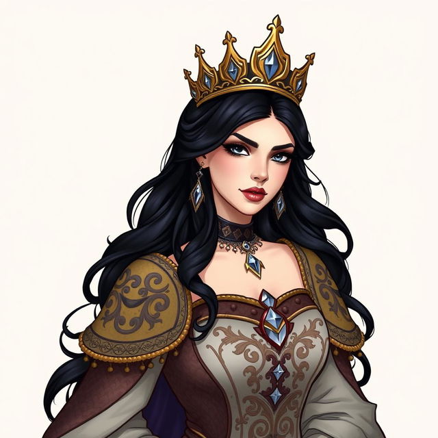 A noble and beautiful queen, depicted in a Dungeons and Dragons style illustration, characterized by her raven-black hair and dark, piercing eyes that exude confidence and allure