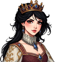 A noble and beautiful queen, depicted in a Dungeons and Dragons style illustration, characterized by her raven-black hair and dark, piercing eyes that exude confidence and allure