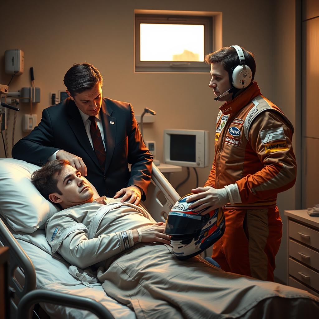 A dramatic scene depicting the confrontation between two brothers: one is a sharp-dressed executive in a corporate environment, and the other is a high-octane race car driver in a racing suit