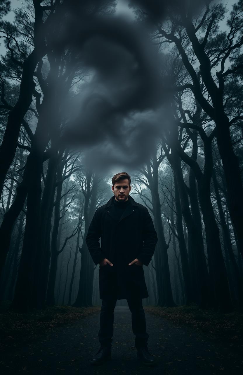A solitary man standing confidently in front of a dense, dark wooded forest