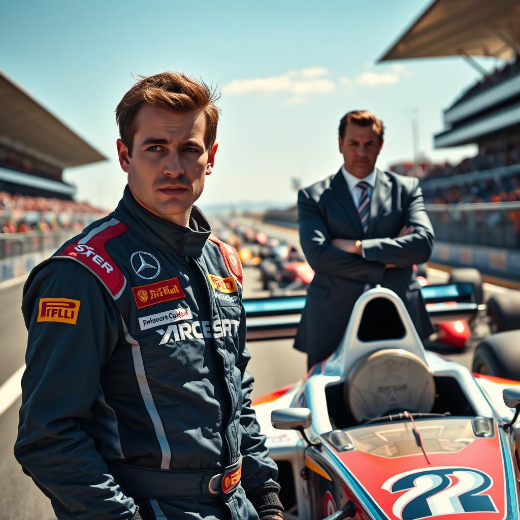 A dramatic scene showing a Formula 1 driver in a racing suit, looking determined as he stands next to a high-performance racing car
