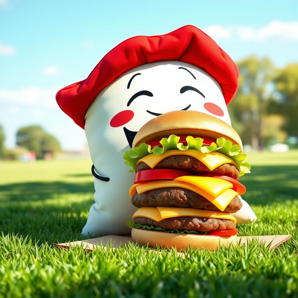 A whimsical scene featuring a cartoonish pillow character with a bright red hat, joyfully eating a large, delicious hamburger