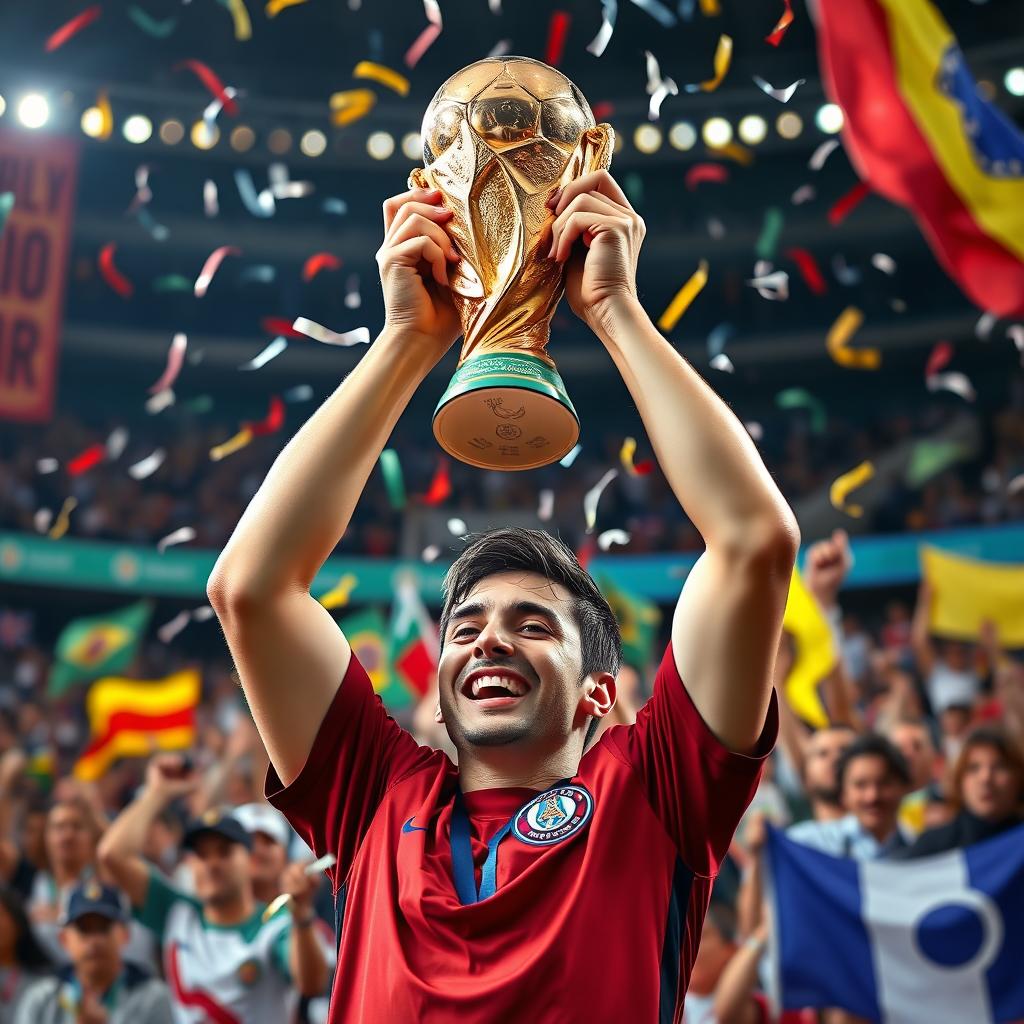 A joyful person holding the World Cup trophy high above their head, surrounded by a vibrant celebration atmosphere