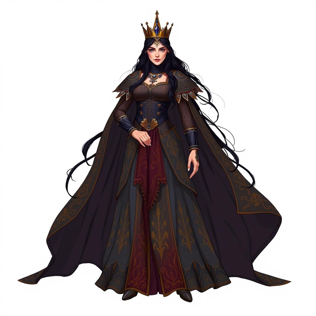A noble, beautiful, and strong human queen depicted in a Dungeons and Dragons style illustration