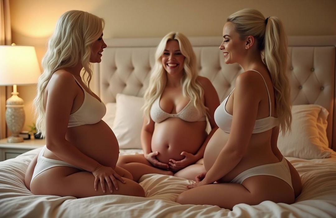 A cozy bedroom scene featuring three sexy blonde girls with impeccable faces and pale bodies, flaunting very generous busts and remarkably large posteriors, beautifully emphasized by huge and shapely thighs