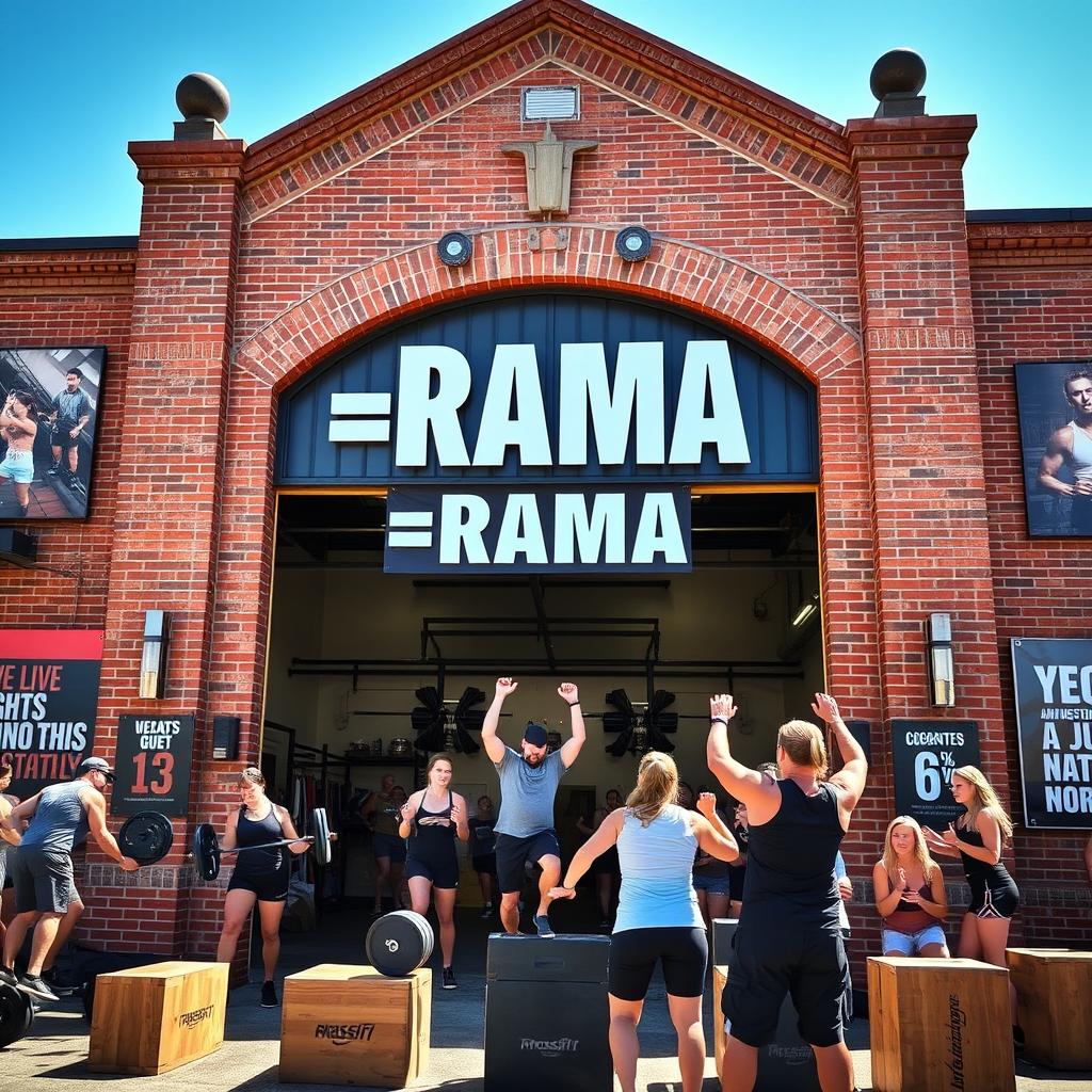 A vibrant CrossFit club scene featuring a large American-style gate prominently displaying the name 'БRAMA'