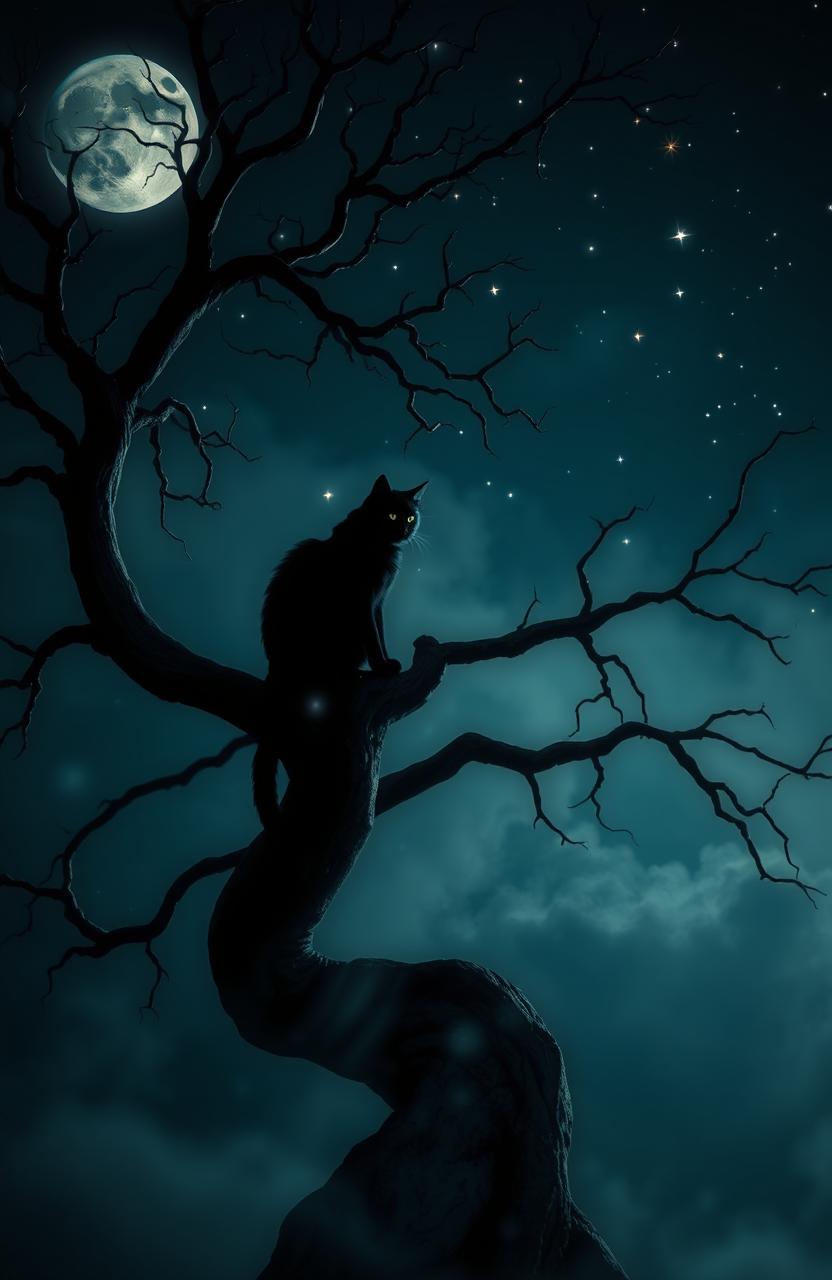 Mystical Black Cat Under a Starry Night - Enchanted Imagery