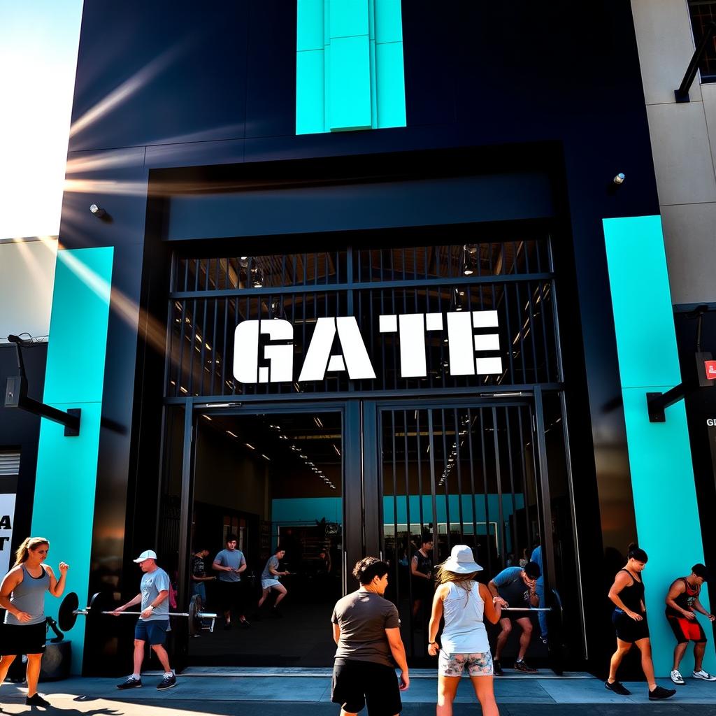 A dynamic scene of a CrossFit club featuring a large American-style gate prominently displaying the name 'GATE'