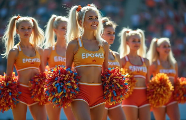 A lively scene featuring seven sexy cheerleaders with impeccable faces and pale bodies, flaunting generous busts and remarkably large posteriors, beautifully emphasized by huge and shapely thighs