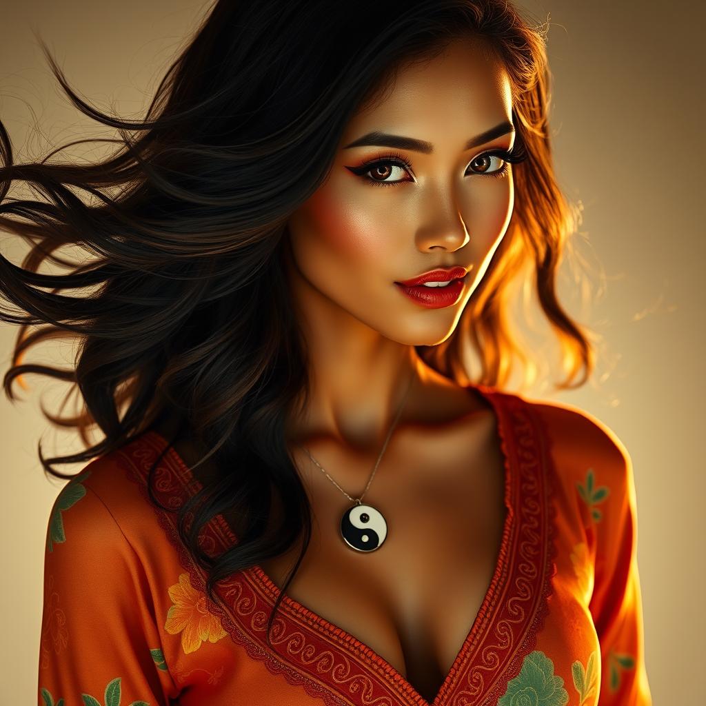 A mesmerizingly beautiful woman with flowing black wavy hair cascading over her shoulders, almond-shaped, expressive eyes that blend Asian and Brazilian features