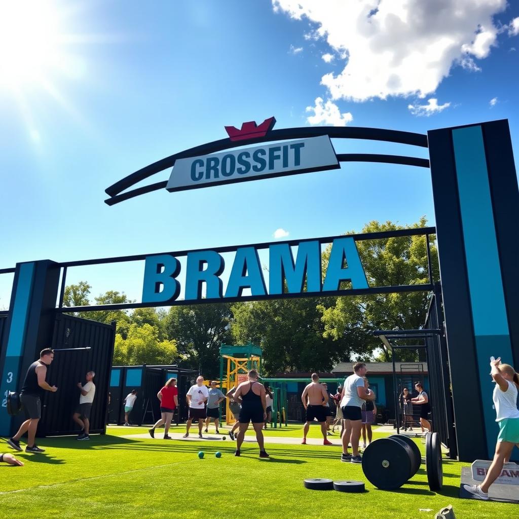 A vibrant and dynamic CrossFit club scene featuring a large American-style gate emblazoned with the name 'BRAMA'
