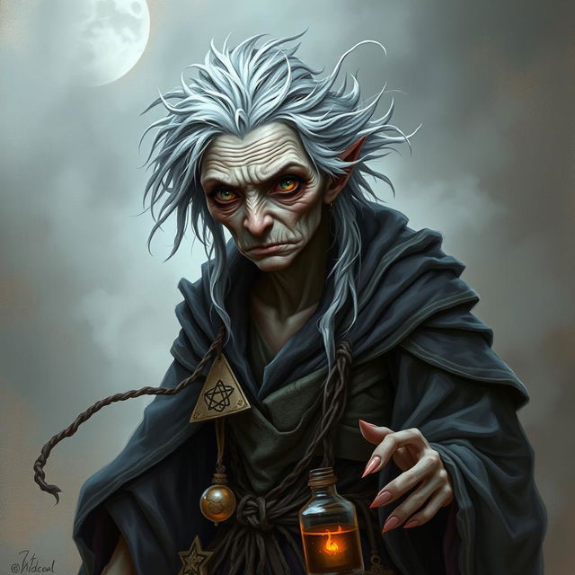 A strange old woman depicted as a witch in a Dungeons and Dragons style illustration