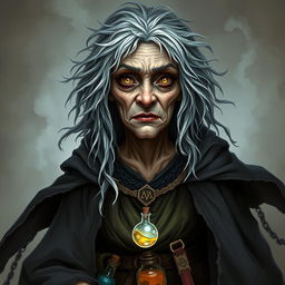 A strange old woman depicted as a witch in a Dungeons and Dragons style illustration