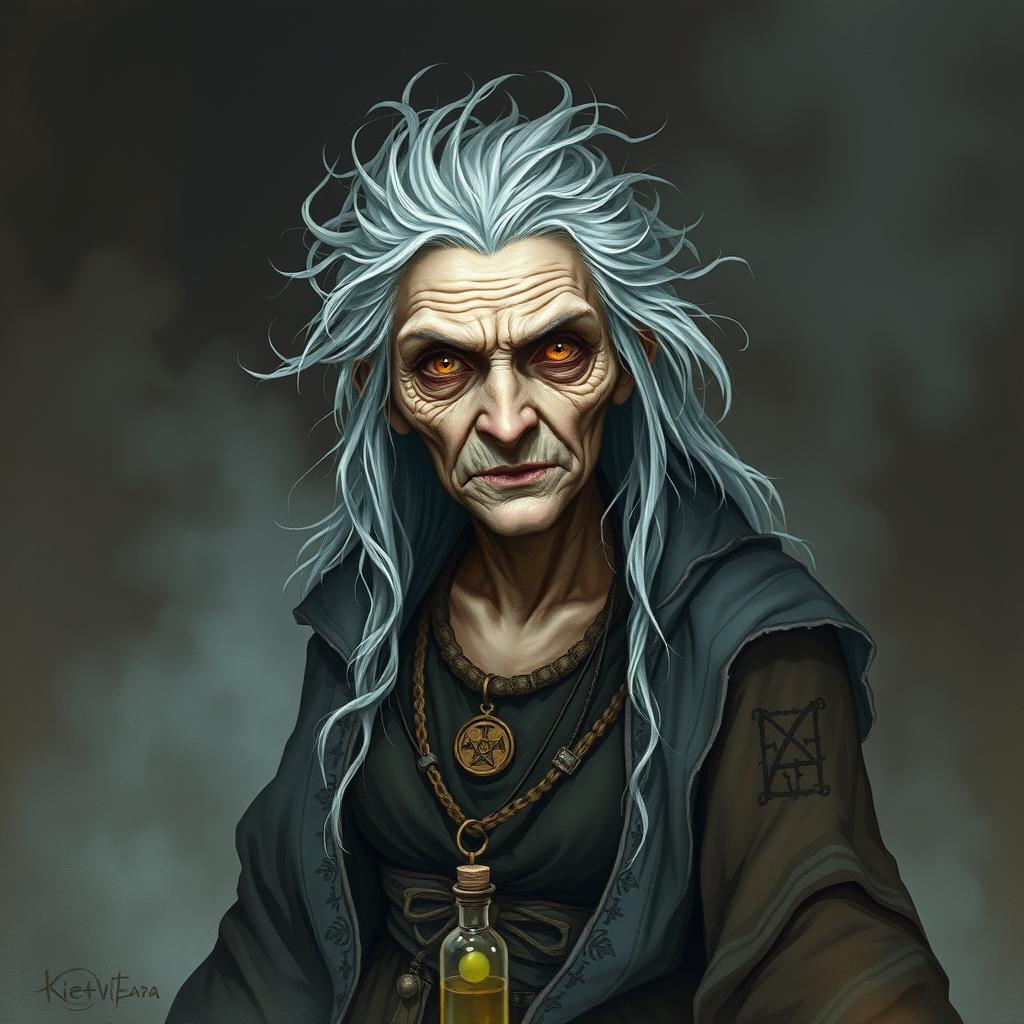 A strange old woman depicted as a witch in a Dungeons and Dragons style illustration