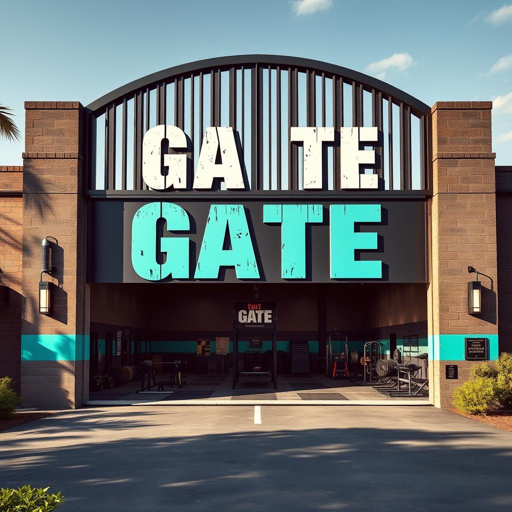 A vibrant CrossFit club featuring a large, imposing gate styled in an American aesthetic, prominently displaying the name 'GATE' in bold typography