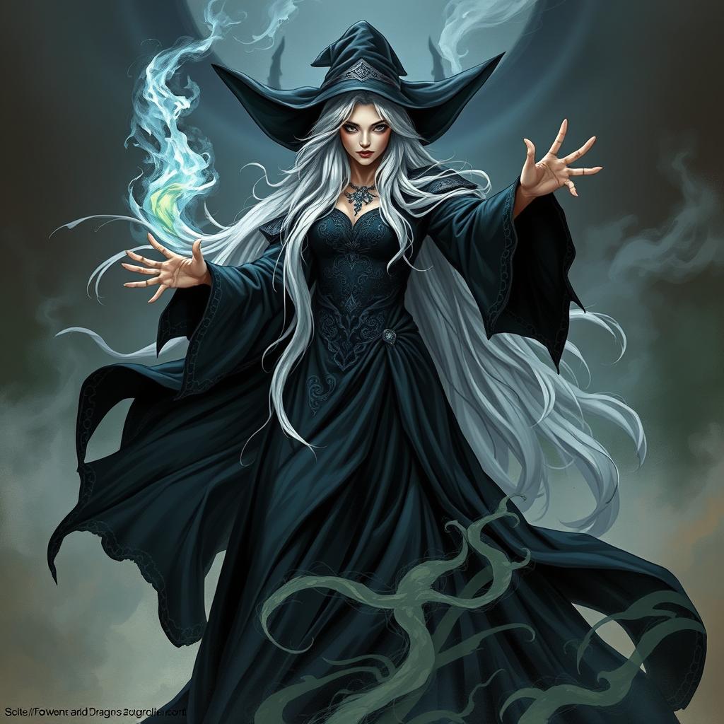 A witch characterized by her beauty yet threatening presence, boasting floor-length snow-white hair that cascades dramatically
