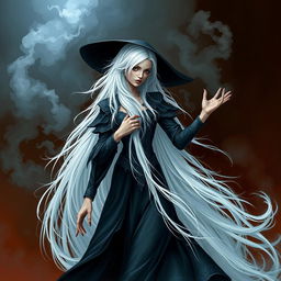 A witch characterized by her beauty yet threatening presence, boasting floor-length snow-white hair that cascades dramatically