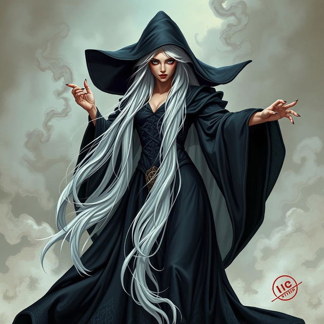 A witch characterized by her beauty yet threatening presence, boasting floor-length snow-white hair that cascades dramatically