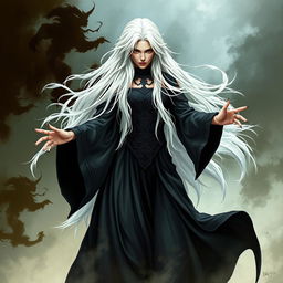 A witch characterized by her beauty yet threatening presence, boasting floor-length snow-white hair that cascades dramatically
