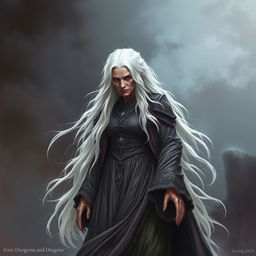 An old woman who embodies both beauty and a menacing presence, characterized by her floor-length, flowing snow-white hair