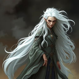 An old woman who embodies both beauty and a menacing presence, characterized by her floor-length, flowing snow-white hair