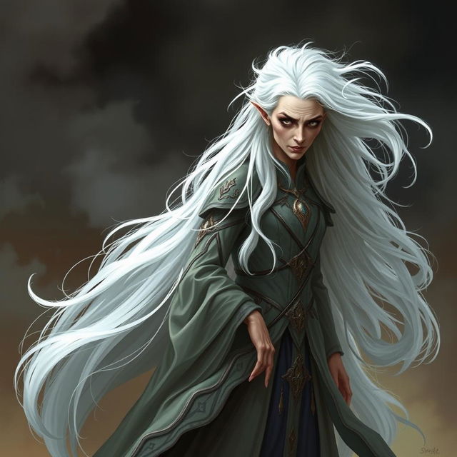 An old woman who embodies both beauty and a menacing presence, characterized by her floor-length, flowing snow-white hair