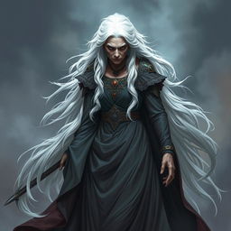 An old woman who embodies both beauty and a menacing presence, characterized by her floor-length, flowing snow-white hair