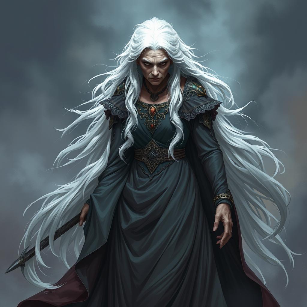 An old woman who embodies both beauty and a menacing presence, characterized by her floor-length, flowing snow-white hair