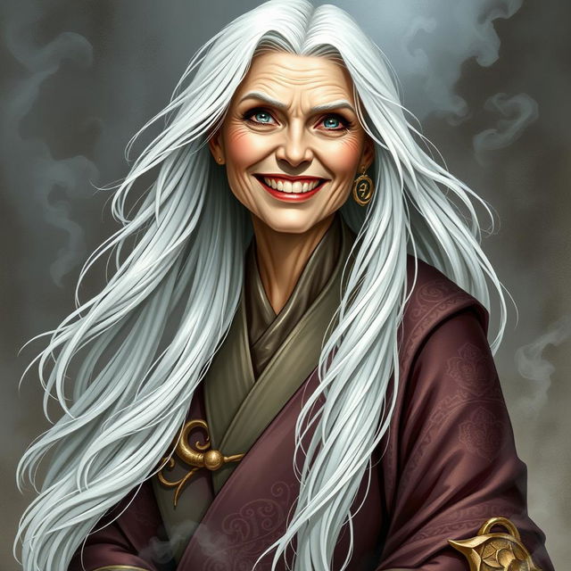 A smiling old woman who embodies a complex blend of beauty and a subtly threatening presence, with her floor-length snow-white hair gracefully flowing