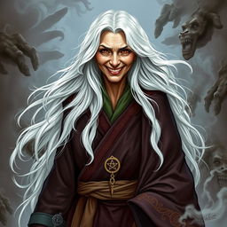 A smiling old woman who embodies a complex blend of beauty and a subtly threatening presence, with her floor-length snow-white hair gracefully flowing