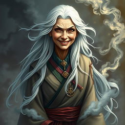 A smiling old woman who embodies a complex blend of beauty and a subtly threatening presence, with her floor-length snow-white hair gracefully flowing