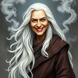 A smiling old woman who embodies a complex blend of beauty and a subtly threatening presence, with her floor-length snow-white hair gracefully flowing
