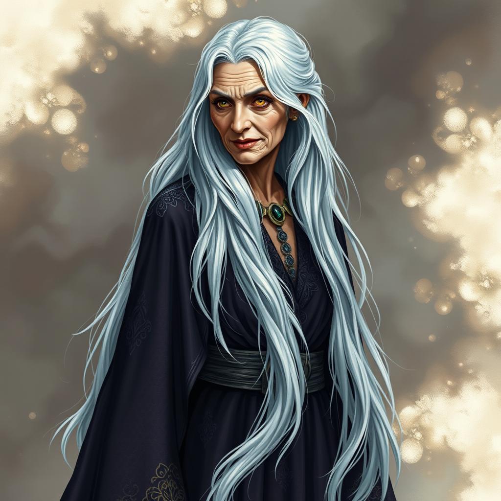 An old woman who exudes beauty mixed with a subtle, threatening demeanor