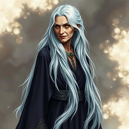 An old woman who exudes beauty mixed with a subtle, threatening demeanor