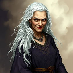 An old woman who exudes beauty mixed with a subtle, threatening demeanor