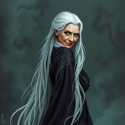 An old woman who exudes beauty mixed with a subtle, threatening demeanor