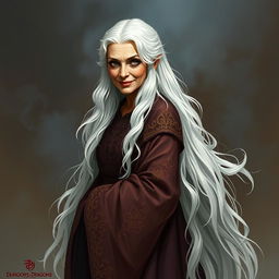 An old woman who exudes beauty mixed with a subtle, threatening demeanor