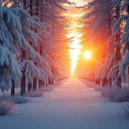 A serene pathway lined with tall trees, their branches heavy with thick layers of white snow, creating a magical winter wonderland