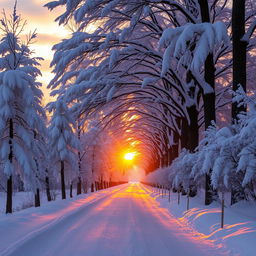 A serene pathway lined with tall trees, their branches heavy with thick layers of white snow, creating a magical winter wonderland