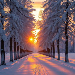 A serene pathway lined with tall trees, their branches heavy with thick layers of white snow, creating a magical winter wonderland